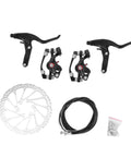 Badass Adjustable Disc Brake Kit For Mountain Bikes featuring black alloy calipers, levers, disc rotor, and cables for trail stopping power.