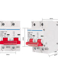 Two Pole 125A 600V DC Miniature Circuit Breaker For Solar PV Setups, DIN Rail Mount Battery Disconnect Switch, shown front and side