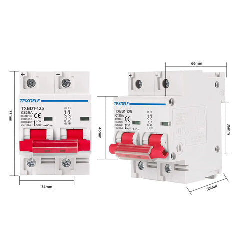 Two Pole 125A 600V DC Miniature Circuit Breaker For Solar PV Setups, DIN Rail Mount Battery Disconnect Switch, shown front and side