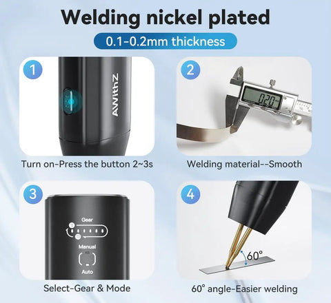 Handheld Spot Welder With 11 Gear Adjustable Auto And Manual Modes For 18650 Battery Packs, Welding Nickel Sheets And Iron, No Pen Required, Portable All In One Battery Welder For On The Go Repairs showing features like gear selection and welding angle.