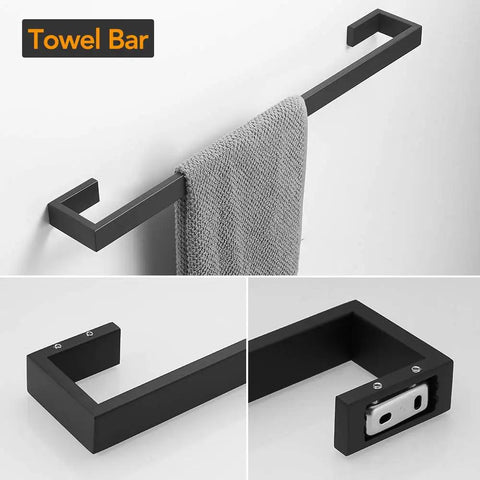 Matte Black Stainless Steel Finish 4 Piece Bathroom Accessory Set Includes 24 Inch Towel Bar, towel displayed on wall mount.