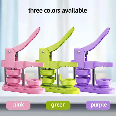 58mm DIY Button Maker Kit With 100 Button Parts And Circle Cutter Pink 2.25 Inch Badge Press Machine in pink, green, purple.