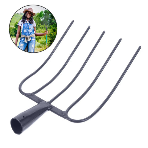 Heavy Duty Handheld Manure Fork For Garden And Lawn Cleanup Iron Farm Tool shown with user for outdoor use.