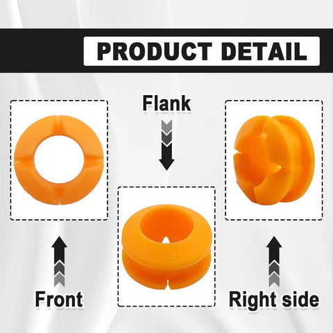 Two Pack Orange Transmission Shift Cable Bushing Repair Kit For Nissan Armada Pathfinder Xterra Titan Frontier QX56 QX80 Equator 2004 Through 2022 Auto Parts OE Replacement 134193, showing detailed views of front, flank, and right side angles of the orange bushings.
