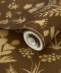 Top Tier Brown Floral Wallpaper With Shimmering Metallic Gold Foil Texture Easy Apply Ready To Hang in rolled fashion.