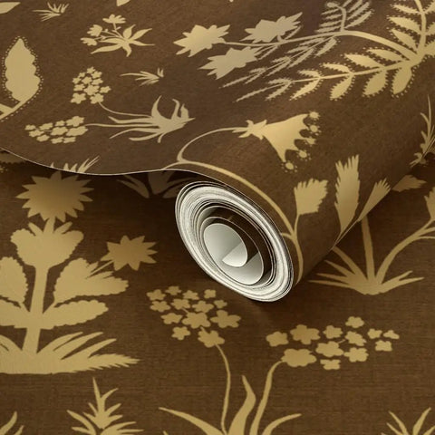 Top Tier Brown Floral Wallpaper With Shimmering Metallic Gold Foil Texture Easy Apply Ready To Hang in rolled fashion.