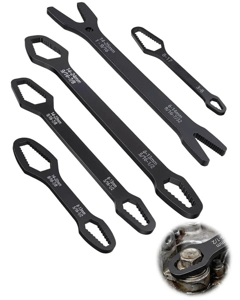 5 Piece Universal Do It All Self Adjusting Wrench Set With Self Locking Double End Torx Wrenches For Auto Repair Home Outdoor Riding One Eighth To One Inch Nut Sizes Durable Chrome Vanadium Steel, black