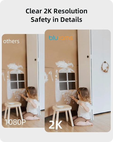 Comparison of child painting in 1080P vs. 2K resolution, highlighting clarity with 2K Security Camera With 360 Degree Coverage For Home And Pet Monitoring Smart Motion Tracking IR Night Vision Built In Siren 2 Way Audio Phone App Control Works With Alexa And Google Assistant IFTTT