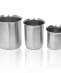 Heavy Duty Stainless Steel Beaker With Pouring Rim Killer Heat Resistance Low Form Lab Vessel Built Tough Chemistry Mixing Cup Ready For Any Lab Grind Super Solid 32 Ml Size, three sizes displayed.