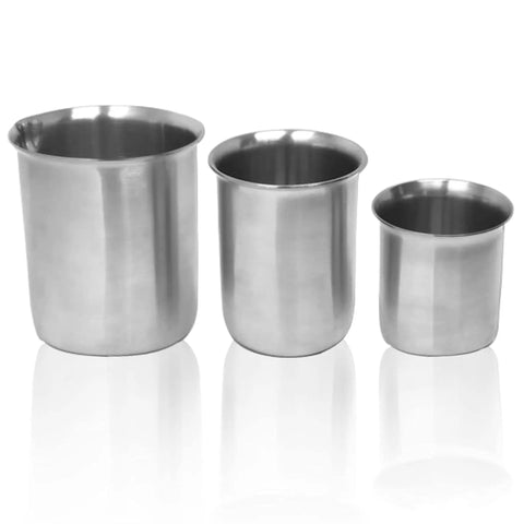 Heavy Duty Stainless Steel Beaker With Pouring Rim Killer Heat Resistance Low Form Lab Vessel Built Tough Chemistry Mixing Cup Ready For Any Lab Grind Super Solid 32 Ml Size, three sizes displayed.
