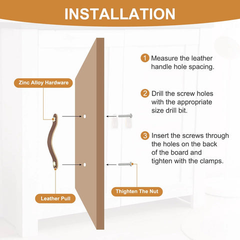 Installation guide for Leather Drawer Pulls 4 Pack White Microfiber Leather Dresser Knobs With Double Hole Mounting and screws.