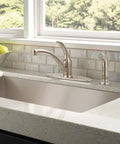 Foundations Brushed Nickel Kitchen Faucet With Side Sprayer Go To Four Hole 8 Inch Center Install Contemporary Single Handle Sink