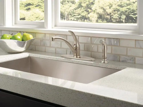 Foundations Brushed Nickel Kitchen Faucet With Side Sprayer Go To Four Hole 8 Inch Center Install Contemporary Single Handle Sink