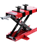 Motorcycle Lift 1100 Lbs Center Scissor Lift Jack With Saddle And Safety Pins For Dirt Bikes Cruisers Touring Motorcycles And ATVs Built Tough With Beefy Heavy Duty Steel Construction And Rust Resistant Powder Coat Easy Clean Red And Black Finish, side view showing a compact design with red and black finish.