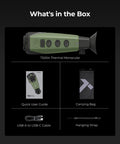 Thermal Imaging Monocular For Night Hunting With 256x192 IR, 50Hz Refresh, shown with user guide, carrying bag, cable, strap.