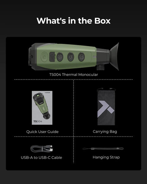 Thermal Imaging Monocular For Night Hunting With 256x192 IR, 50Hz Refresh, shown with user guide, carrying bag, cable, strap.