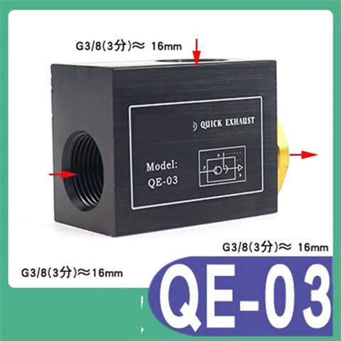 Grab This Awesome Pneumatic Quick Exhaust Valve For Your Cylinder Setup. Perfect For Solenoid Valve Needs And Machine Maintenance Work. Get The Jk-Qe-02 Today For Serious Industrial Performance And Super Fast Response Times On Any Job Site Right Now! Image of QE-03 quick exhaust valve with G3/8 threading, showing details and fittings.