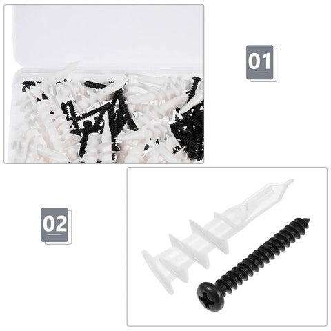 Heavy Duty Drywall Screws And Nails Kit For Porous And Hollow Brick Walls With Zinc Coating And Plastic Anchors Self Tapping Expansion Bolts For Gypsum Strong Bond And Load Bearing DIY Must Have Home Fix It Set In Random Colors, white and black anchors