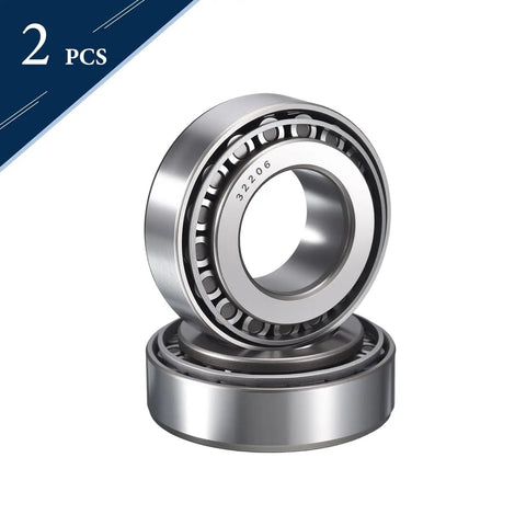 Two Pack 32206 Tapered Roller Bearing Cone And Cup Set, 30mm Bore, chrome steel, pre-lubricated bearings displayed in stack