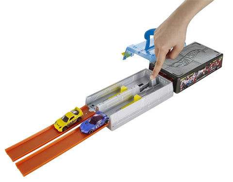 Race Case Track Set with Dual Launchers for Side by Side Racing and 1 64 Scale Cars shown with hand launching cars