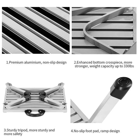Close-up of Beefy Heavy Duty Aluminum RV Steps Folding Platform Stool showing anti-slip surface, rubber feet, and portable handle.