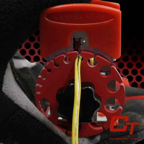 Handheld Wire Stripping Tool Kit Compact Portable Manual Wire Stripper With 10 Extra Blades Steel Construction Spring Grip Easy Guide Wheel Perfect For Pro DIYers Automotive And Electrical Projects in use