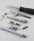 Chrome tools from Heavy Duty Motorcycle And Electric Bike Repair Kit 46-Piece Set with Sturdy Carrying Case on display