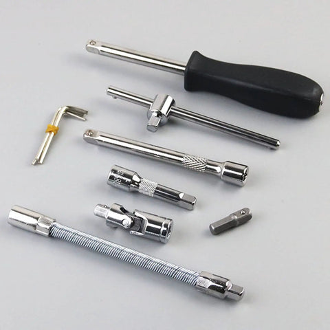 Chrome tools from Heavy Duty Motorcycle And Electric Bike Repair Kit 46-Piece Set with Sturdy Carrying Case on display