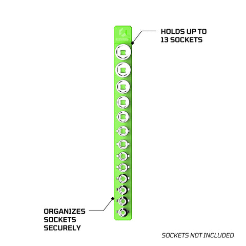 Tough As Nails Flexible Magnetic Socket Holder Rail That Bends Any Which Way And Locks Your 1/4 Inch Drives Tight To Steel Tops For Sweet Garage Organization In Bright Green