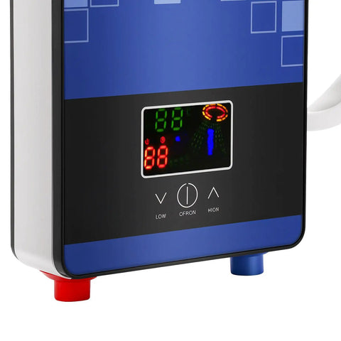Top Shelf Electric Tankless Water Heater 110V 4500W with LED display and control buttons for precise temperature adjustment.