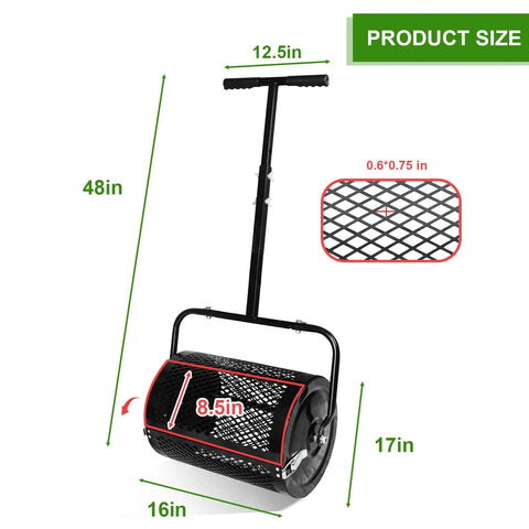 Diagram of 16 Inch Compost Spreader And Peat Moss Spreader For Lawn Care With Adjustable Handle And Steel Mesh Basket