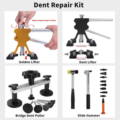 DIY Friendly Car Dent Repair Tool Kit With Stainless Steel Crowbar And Push Rod Hammer for Paintless Dent Removal tools shown.