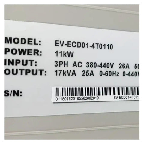 Heavy Duty Elevator Drive Inverter Frequency Converter Compatible With Evc D01 4T0110 Units label showing power specs and model details.
