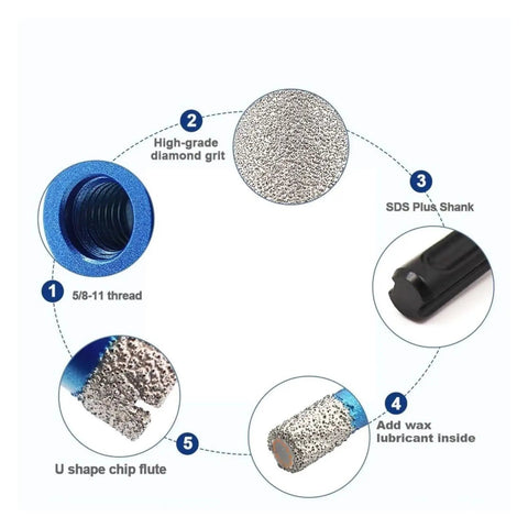 Huge 11 Piece Diamond Tile Hole Saw Kit With Chamfer Bit For Drilling Enlarging Milling Beveling And Shaping Ceramic Glass Hard Materials Fast. SDS Plus shank diamond hole saw with 5/8-11 thread and chip flute