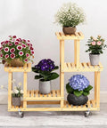 Wooden plant stand on 8 Pack 360 Degree Lockable Swivel Caster Wheels For Light Duty Furniture with colorful potted flowers