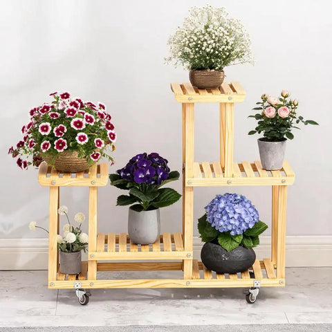 Wooden plant stand on 8 Pack 360 Degree Lockable Swivel Caster Wheels For Light Duty Furniture with colorful potted flowers