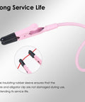 Close-up of pink alligator clip with rubber sleeve on gooseneck arm from 2 Pack Soldering Helping Hands Clamps With Flexible Gooseneck Arms And Dual Alligator Clips For PCB Welding, Electronics DIY Jewelry Making, Car Audio And Hobby Crafts Handy Bench Buddy.