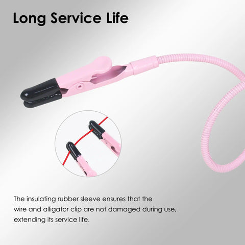 Close-up of pink alligator clip with rubber sleeve on gooseneck arm from 2 Pack Soldering Helping Hands Clamps With Flexible Gooseneck Arms And Dual Alligator Clips For PCB Welding, Electronics DIY Jewelry Making, Car Audio And Hobby Crafts Handy Bench Buddy.