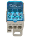 Rock Solid 80 Amp Din Rail Terminal Block Distribution Box With Fire Safe Housing For Heavy Duty Universal Wiring Hookups and Straightforward Power Drop, front view showing terminal slots.