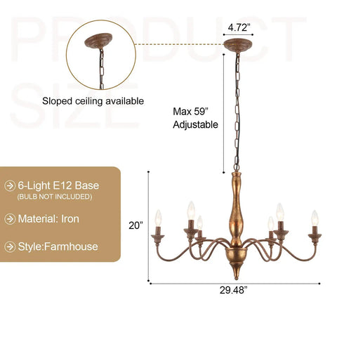 Dimensions and details of Six Light Distressed White French Country Candle Chandelier With Cozy Vintage Vibe For Living Room Dining