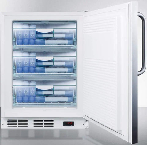 Sweet Stainless Steel Upright Freezer Packs A Deadbolt Lock Snugly Tucks Under Counters And Ada Spaces Commercial Grade Certified Kitchen Workhorse For Temp Sensitive Stock with opened door showing interior storage.