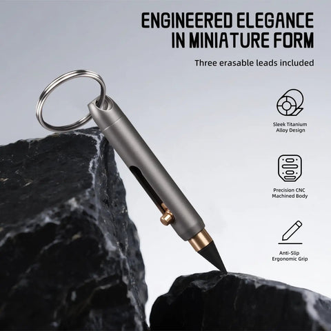 Mini Titanium Infinity Pencil Inkless Writing Tool With Graphite Tip 2.32 Inch Open Length Keychain Design Includes 2 Spare Nibs Durable On The Go Gadget.