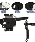 Beefy Heavy Duty Self Locking Gate Latch with Handle, black, metal components showing spring and buckle, for wood or vinyl fences.
