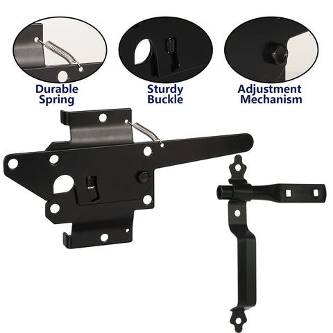 Beefy Heavy Duty Self Locking Gate Latch with Handle, black, metal components showing spring and buckle, for wood or vinyl fences.