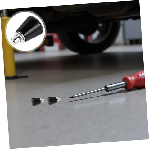 Heavy Duty 4 Pack Black Metal Spring Loaded Catch Pins With Reliable Locking Grip and Wear Resistant Surface Hardening for Industrial Assembly Mechanical Units and Electronic Jigs You Can Count On, near a screwdriver on a workshop floor.