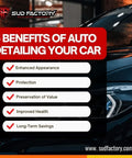 Infographic listing benefits of auto detailing with car reflection; Ultimate Upgraded Paint Glass Water Spot and Stain Removers Plus Protection Coating Bundle for Cars Homes and Boats Three Pack Delivers Game Changing Clean on Chrome Glass Paint and Appliances with Lasting Shine focus