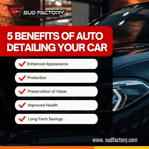 Infographic listing benefits of auto detailing with car reflection; Ultimate Upgraded Paint Glass Water Spot and Stain Removers Plus Protection Coating Bundle for Cars Homes and Boats Three Pack Delivers Game Changing Clean on Chrome Glass Paint and Appliances with Lasting Shine focus