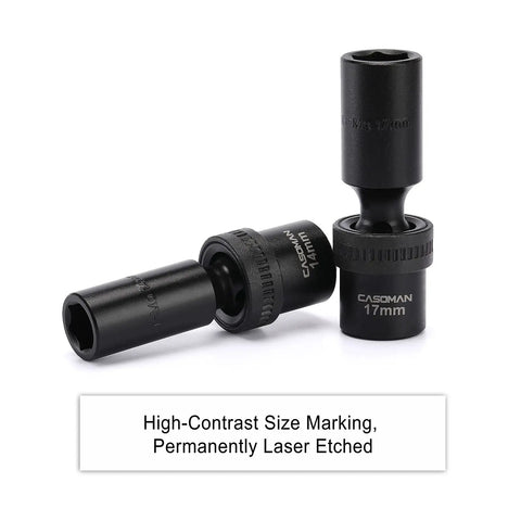 Ten Piece One Half Inch Drive Deep Universal Impact Socket Set Metric Ten Through Nineteen Millimeter With 360 Degree Flex Head Chrome Molybdenum Steel Construction Black Oxide Finish Fully Ready For Tough Torque with high-contrast size marking, permanently laser etched.