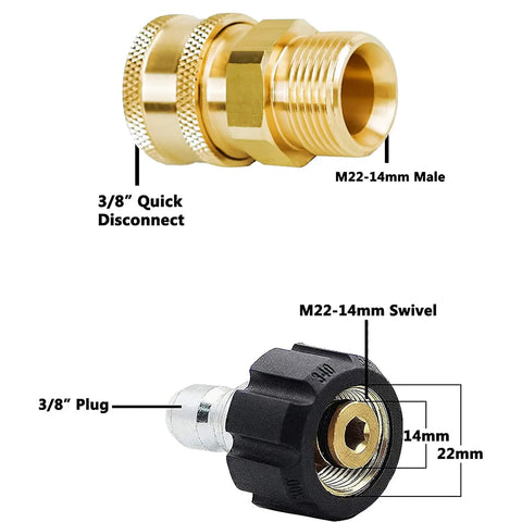 Beefy Brass Pressure Washer Adapter Set Quick Disconnect Kit M22 Male Thread Connector and Swivel showing brass and black components.