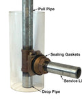 Heavy Duty No-Lead Brass Pitless Adapter For Submersible Well Pumps, 1-1/4 Inch Discharge, showing pull and drop pipes.